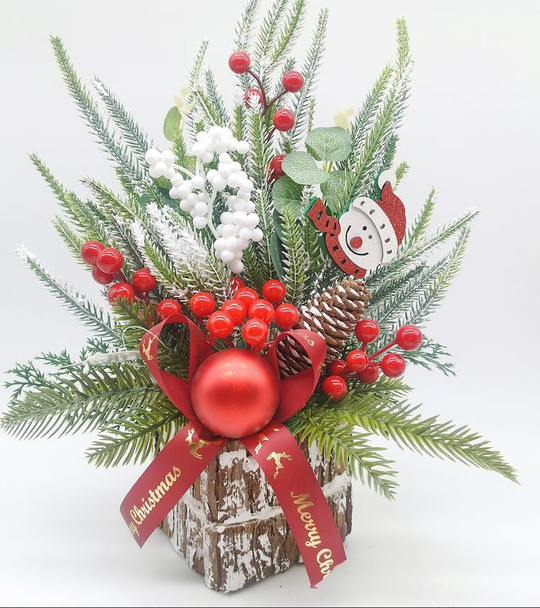 LOLStar Small Christmas Tree Artificial Mini Christmas Tree Decorations with Holiday Ornaments Red White Berry Pinecone Wooden Snowman Sign, Table Top Christmas Decor Indoor for Office Desk Home