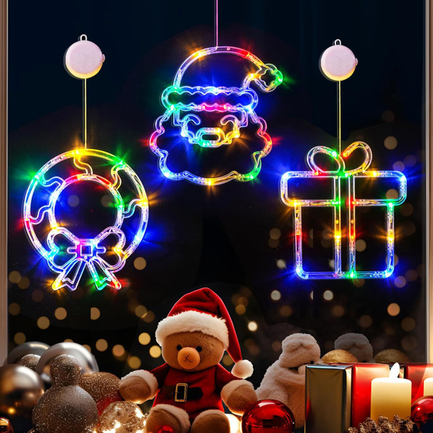 LOLStar Christmas Decorations 3 Pack Wreath, Box, Santa Claus Christmas Window Lights with Suction Cups, Battery Operated Christmas Lights, Slow Fade Mode and Timer Function