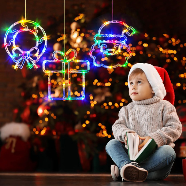 LOLStar Christmas Decorations 3 Pack Wreath, Box, Santa Claus Christmas Window Lights with Suction Cups, Battery Operated Christmas Lights, Slow Fade Mode and Timer Function