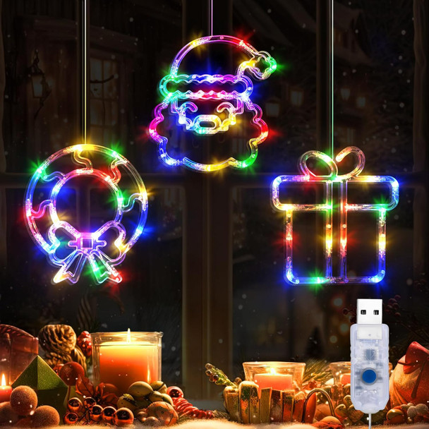 LOLStar Christmas Decorations, 3 Pack Multicoloured Wreath, Box, Santa Claus Christmas Window Lights, 8 Flashing Modes USB Powered Curtain Lights for Year, Indoor, , Party Supplies