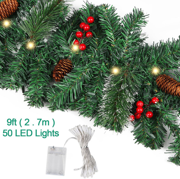 LOMIMOS 9FT Christmas Lighted Artificial Garland, Xmas Battery Operated Green Rattan with 50 Lights Pine Cones Red Berries for Fireplace Stair Mantle Indoor Outdoor Home Fireplace Porch Decoration(A)