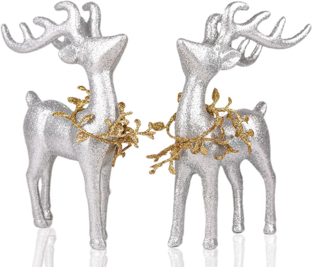 2 pcs Reindeer Christmas Decorations, Silver Christmas Reindeer Figurines with Gold Eucalyptus Garland, Indoor Deer Décor Christmas Table Centerpieces Decorations