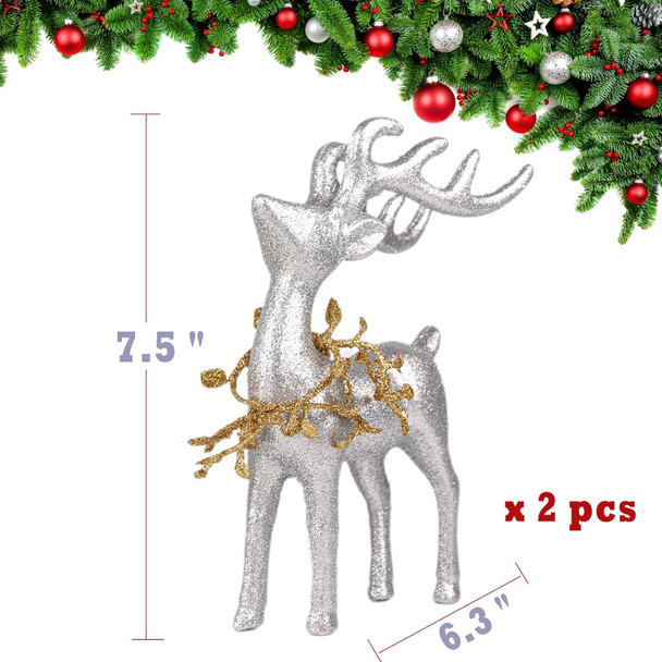 2 pcs Reindeer Christmas Decorations, Silver Christmas Reindeer Figurines with Gold Eucalyptus Garland, Indoor Deer Décor Christmas Table Centerpieces Decorations