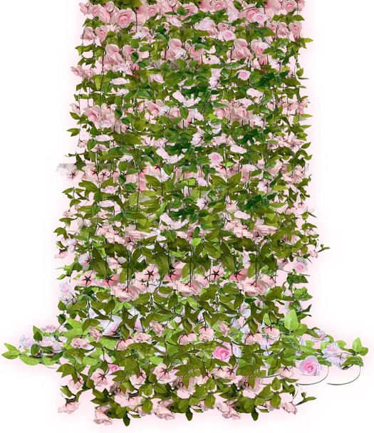 5Pcs39FT Pink Flower Garland, Artificial Indoor/Outoor Flower Garland with Green Leaf, Rose Garland Decorations for Proposal Anniversary Wedding Birthday Party Arc Christmas Wall Backdrop