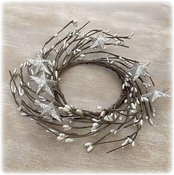 Silver Mini Wreath, Star Candle Ring, Accent for Statues, Lanterns, Nativity, Candleholders, Doors, Windows, Centerpieces, Wall, Cabinets, Farmhouse Decor Country, Primitive Glitter Wreaths