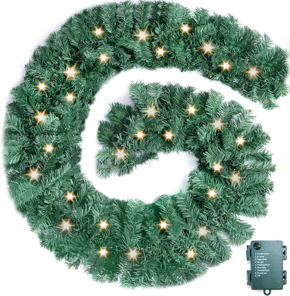 8.9FT Christmas Garland with Lights, Pre-lit Artificial Mantle Garland Christmas, Holiday Decoration for Stairs Railing Fireplaces Indoor Outdoor.