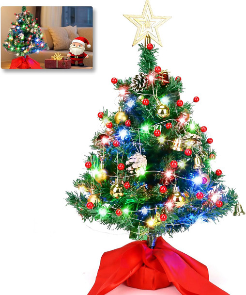 20" Tabletop Mini Christmas Tree, Artificial Small Xmas Tree Decor with 50 LED String Lights,Star, Holly Berries, Ornaments and Wooden Base for Holiday Season Decorations Christmas DIY