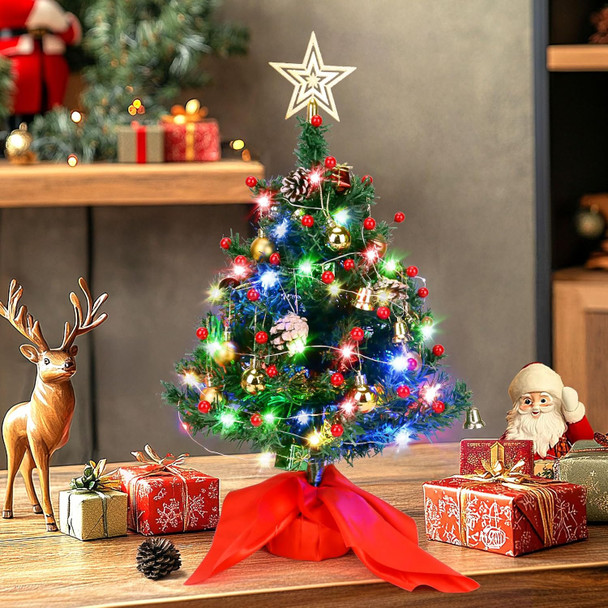 20" Tabletop Mini Christmas Tree, Artificial Small Xmas Tree Decor with 50 LED String Lights,Star, Holly Berries, Ornaments and Wooden Base for Holiday Season Decorations Christmas DIY