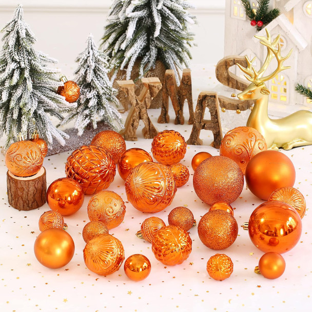 Christmas Ball Ornaments Copper Orange Christmas Tree Decorations with Hang Rope-36pcs Shatterproof Christmas Ornaments Set with 6 Styles in 3 Sizes(Small Medium Large)