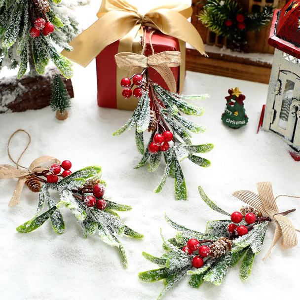 Snowy Artificial Christmas Mistletoe Picks Snowy Red Berry Branches Glitter Mistletoe with Ribbon Christmas Mistletoe Hanging Ornament for Christmas Party Decorations (6 Pieces)
