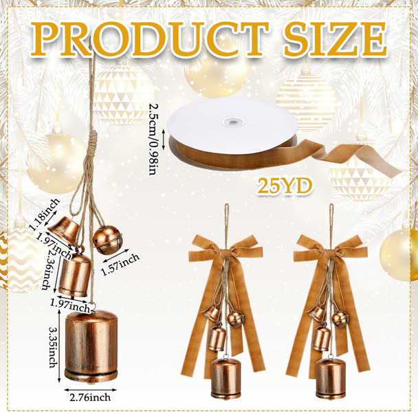 2 Set Christmas Rustic Cow Bells Rustic with 25 Yard Velvet Ribbon Vintage Christmas Handmade Hanging Bells for Xmas Tree Wreath Door Garland Home Ornaments Parties s