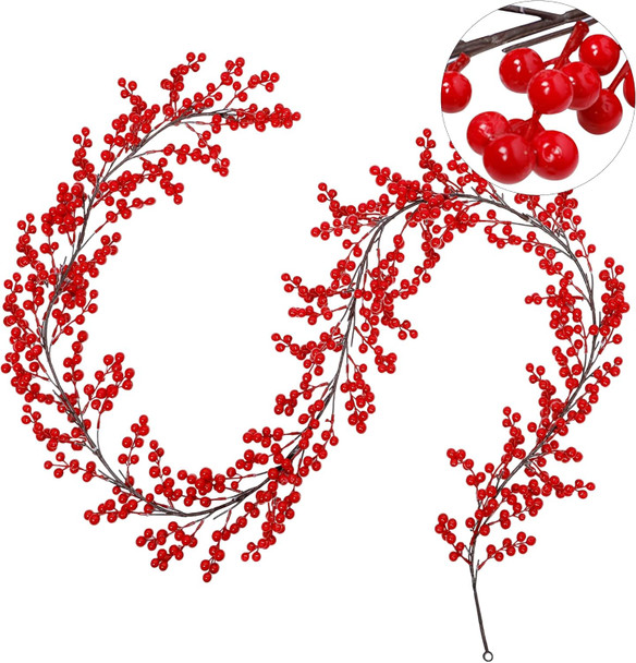 Lulu Home Red Berry Garland, 8.9FT Flexible Artificial Christmas Holly Berry Vine, Winter Berry Garland for Mantle Xmas Tree Window Door Hanging Indoor Outdoor Holiday Decoration