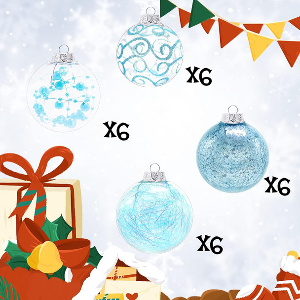 Lulu Home 24ct 2.76" Clear Christmas Ball Ornaments, Pre-Strung Transparent Balls with Unique Decorations Inside, Shatterproof Plastic Balls for Xmas Party Wreath Garlands Trees, Light Blue