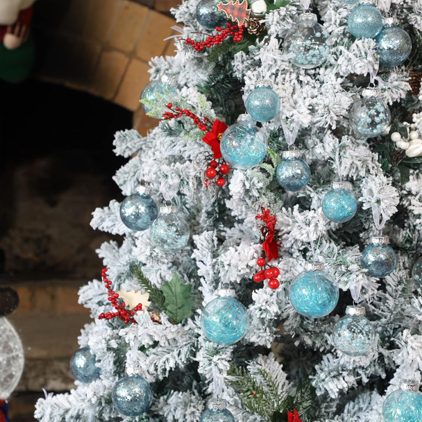 Lulu Home 24ct 2.76" Clear Christmas Ball Ornaments, Pre-Strung Transparent Balls with Unique Decorations Inside, Shatterproof Plastic Balls for Xmas Party Wreath Garlands Trees, Light Blue