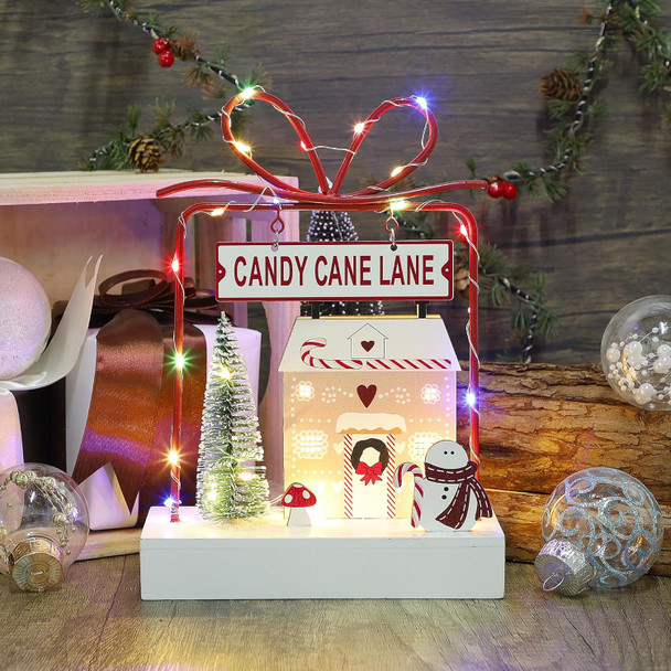 Lulu Home Christmas Tabletop Decoration, Wooden Pre-lit Xmas Candy Cane Lane Ornament with Metal Frame, Battery Operated LED Light Up Holiday Sign for Indoor Mantel Shelf Decor