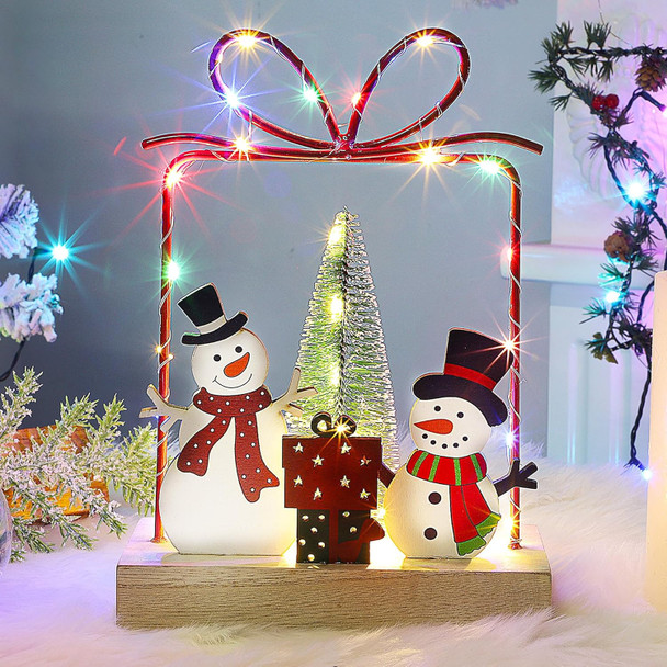 Lulu Home Christmas Tabletop Decoration, Wooden Pre-lit Xmas Snowmen Boxes Ornament with Metal Frame, Battery Operated LED Light Up Holiday Sign for Indoor Mantel Shelf Decor
