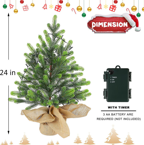 Lulu Home 2 Packs Pre-lit Artificial Mini Christmas Tree, 24 Inch Tabletop Battery Operated Pine Tree with 50 LED Light and Burlap Wrap Base for Xmas Spring Decor