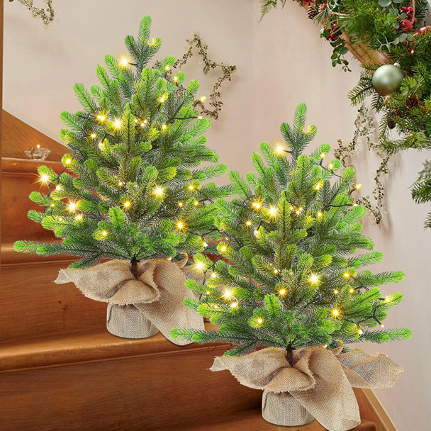 Lulu Home 2 Packs Pre-lit Artificial Mini Christmas Tree, 24 Inch Tabletop Battery Operated Pine Tree with 50 LED Light and Burlap Wrap Base for Xmas Spring Decor