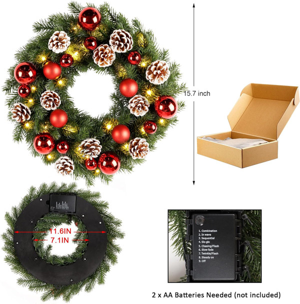 Lulu Home Christmas Front Door Wreath, 15.7" Pre-lit Wreath with Christmas Balls and Pine Cone, Battery Operated 40 LED Light Up Xmas Wreath Decorative Hanging Ornament
