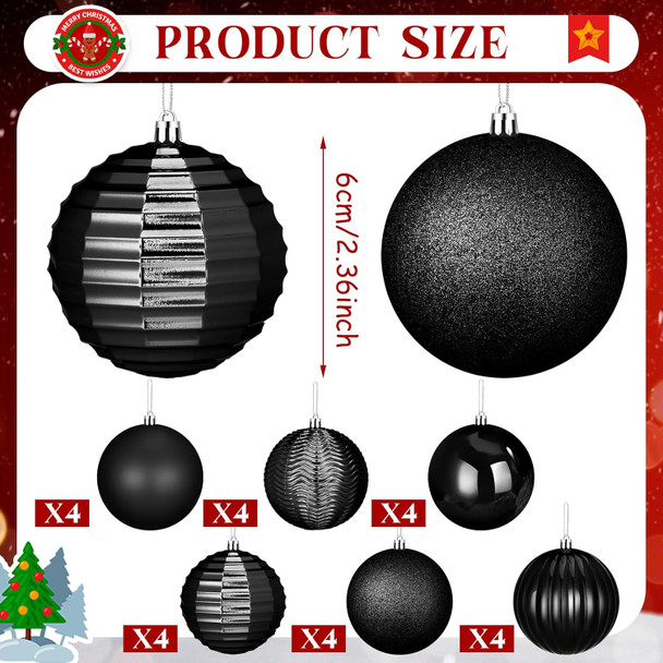 24 Pcs 3.14" Large Christmas Balls Ornaments Christmas Tree Decoration Plastic Shatterproof Hanging Ornaments Set for Xmas Wedding Holiday Party Wreath Home Decor(Black)
