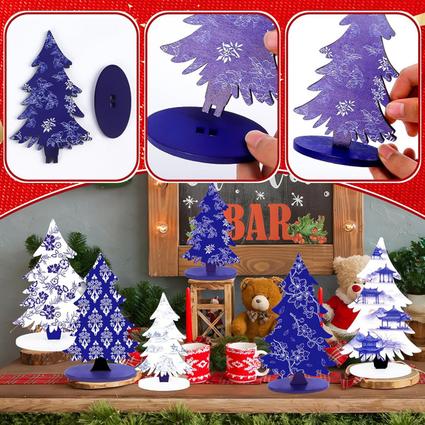 Chinoiserie Wooden Christmas Tree - 6 Pcs Porcelain Wood Christmas Trees, Xmas Blue Centerpieces for Tables, Holiday Tiered Tray Decorations, Wooden Tree Tabletop Decor for Home Office Party