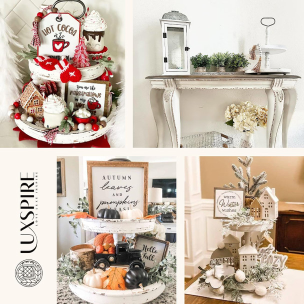 Luxspire Tiered Tray Stand, 2 Tiered Tray Decor with Wooden Beads Garland, Farmhouse Decorative Tray, 2 Tier Serving Tray for Coffee Bar Kitchen Island, Christmas Decor, Rustic White