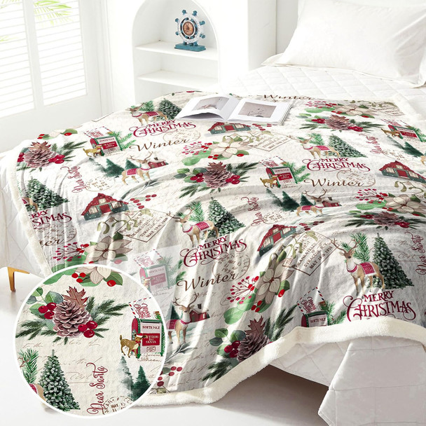Christmas Red Garland and Green Leaves Patterns Blanket with Christmas Tree Pattern Blanket Soft Fluffy Fleece Bedding Throw for Bed Couch Sofa 60"x80"