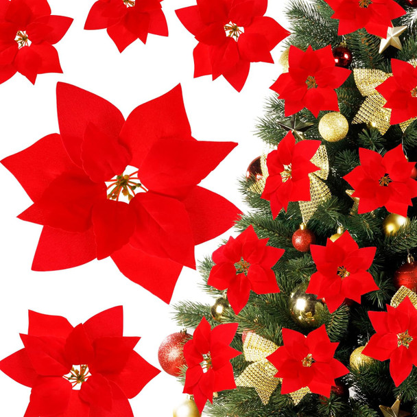 Luyue 12 PCS Real Touch Poinsettia Flowers Artificial Poinsettia Christmas Decorations Red Poinsettia Picks Fake Christmas Flower with Stems and Clips Xmas Floral for Christmas Tree Wreath Home Decor