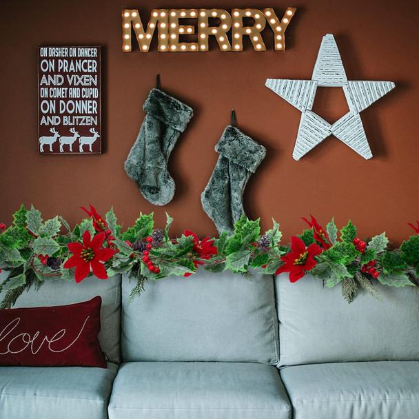 3 Pack Christmas Poinsettia Garland 25.5 Feet Artificial Poinsettia Flower Garland with Green Holly Leaves for Xmas Home Dining Room Deck Railing Staircase Decorations (Poinsettia Vine)