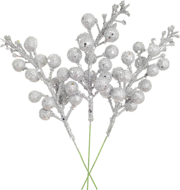 Lvydec 16pcs Christmas Glitter Berries Stems, 7.8" Artificial Christmas Picks for Christmas Tree Ornaments, DIY Xmas Wreath, Crafts, Holiday and Home Decor (Silver)