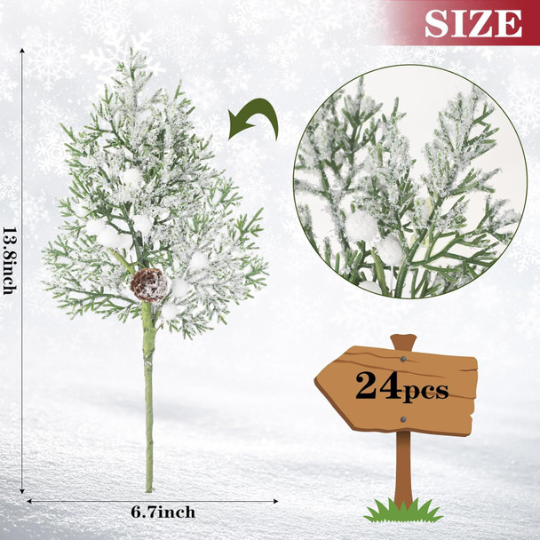 Lyrow 24 Pcs Christmas Artificial Juniper Cedar Branches Picks Spray with Berry Faux Greenery Spray Branches Cedar Twig Stems for Holiday Winter Ornament Crafts Wreath Garland (White Berry with Snow)