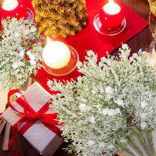 Lyrow 24 Pcs Christmas Artificial Juniper Cedar Branches Picks Spray with Berry Faux Greenery Spray Branches Cedar Twig Stems for Holiday Winter Ornament Crafts Wreath Garland (White Berry with Snow)