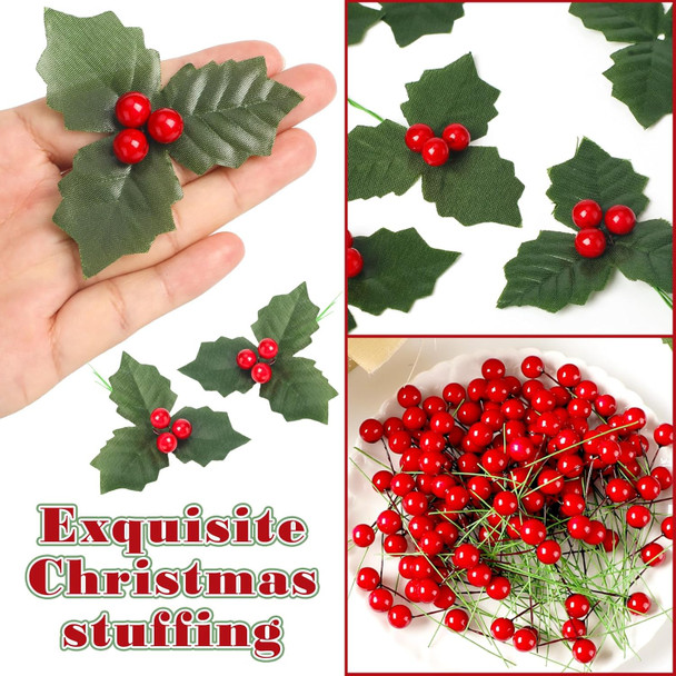 Lyrow 288 Pcs Christmas Artificial Holly Berry Stems with 60 Pcs Holly Leaves Red Holly Berries Picks Fake Berry Branches for Christmas Tree DIY Garland Home Wreath Craft Holiday Party Ornaments