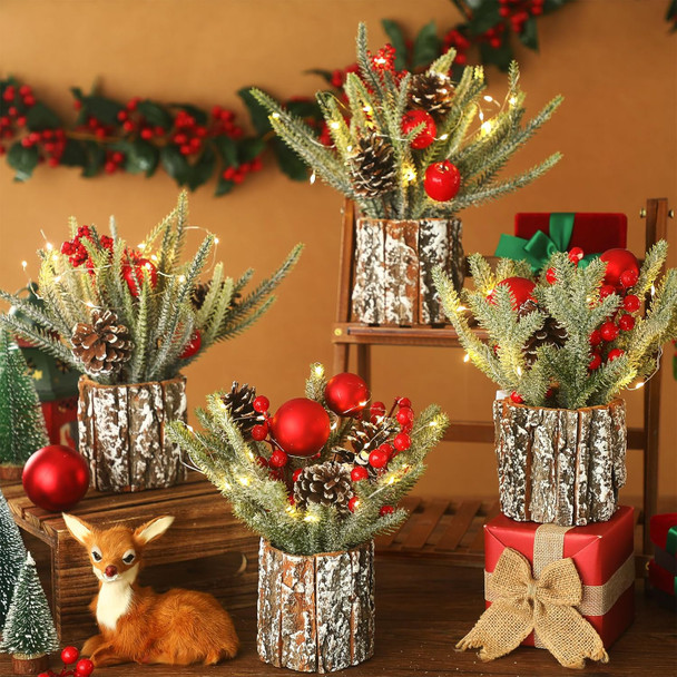 4PCS Small Christmas Tree 13.8 x 11.8 Artificial Mini Tabletop Christmas Tree Decor Mini Christmas Tree with Berries and Pine Cones Xmas Table Centerpiece Home Potted Tree with LED Lights for Party