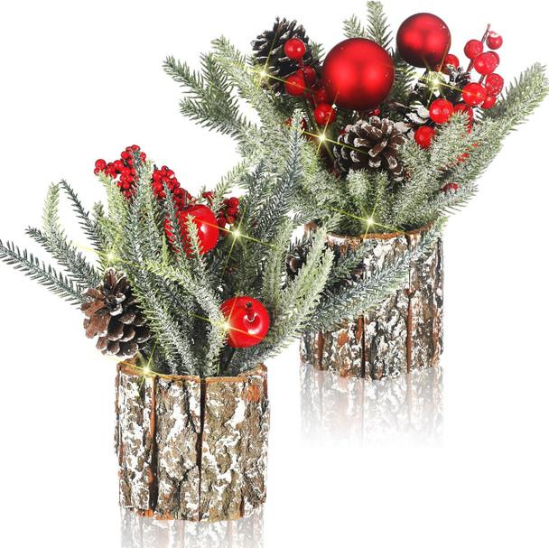 Lyrow 2 Pcs Small Christmas Tree Tabletop Mini Christmas Tree with Lights Artificial Mini Tabletop Christmas Tree Prelit Potted Decorations with Berries Pine Cones for Home Party 10.63 x 9.84 Inches
