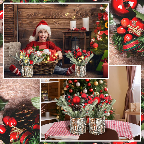 Lyrow 2 Pcs Small Christmas Tree Tabletop Mini Christmas Tree with Lights Artificial Mini Tabletop Christmas Tree Prelit Potted Decorations with Berries Pine Cones for Home Party 10.63 x 9.84 Inches