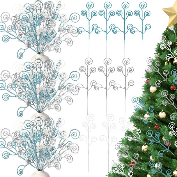 Lyrow 36 Pcs 12" Glitter Christmas Tree Picks Decoration Xmas Tree Curly Picks and Sprays Sequins Candy Shape Christmas Floral Pick for Home Vase Filler Garland (Silver,Sky Blue,White)