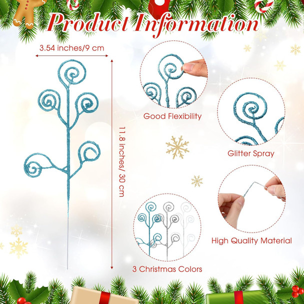 Lyrow 36 Pcs 12" Glitter Christmas Tree Picks Decoration Xmas Tree Curly Picks and Sprays Sequins Candy Shape Christmas Floral Pick for Home Vase Filler Garland (Silver,Sky Blue,White)