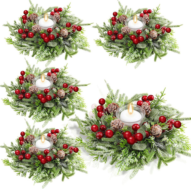 Lyrow 4 Pcs Christmas Candle Rings Wreath Norfolk Pine Garland Red Berry Pinecones Wreaths Artificial Berries Snowy Pine Garland Candle Ring Holder for Christmas Wedding Home Table Centerpiece