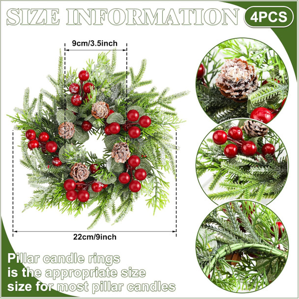 Lyrow 4 Pcs Christmas Candle Rings Wreath Norfolk Pine Garland Red Berry Pinecones Wreaths Artificial Berries Snowy Pine Garland Candle Ring Holder for Christmas Wedding Home Table Centerpiece