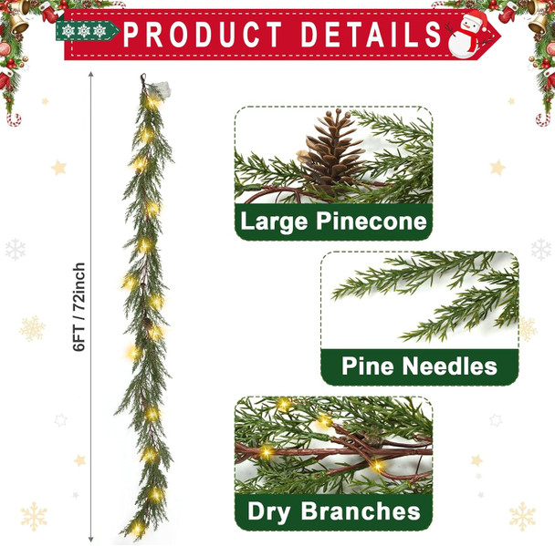 6 Ft Realistic Garland Christmas Decorations with Lights, Prelit Christmas Tree Garland with Pine Cones,Lighted Christmas Garland, Christmas Garland for Mantle, Prelit Garland Thanksgiving Indoor