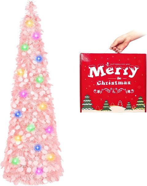 MACTING Pink Christmas Tinsel Tree with Lights, Easy-Assembly Glittery 5ft Pop up Christmas Tree for Holiday Party Winter Xmas Valentines Day Decorations