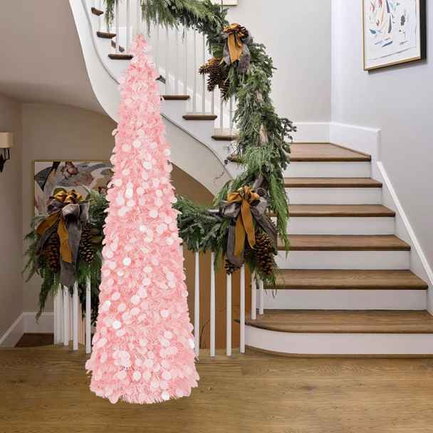 MACTING Pink Christmas Tinsel Tree with Lights, Easy-Assembly Glittery 5ft Pop up Christmas Tree for Holiday Party Winter Xmas Valentines Day Decorations