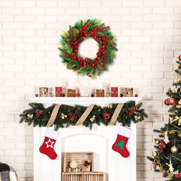 MACTING 20inch Christmas Wreaths for Front Door,8 Lighting Mode Artificial Wreath with Lights Battery Operated Indoor Outdoor Winter Christmas Wreaths with Red Berries Pine Cones and Ball Ornaments