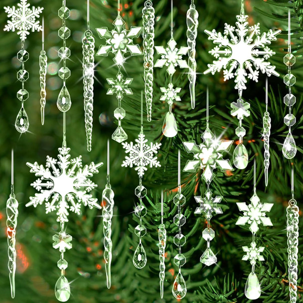 20 Pack Crystal Christmas Ornaments for Tree Decorations, Magicsky Acrylic Snowflake & Icicle & Drop Pendants for Winter Wonderland Santa, Hanging Ornament for Xmas Year Party DIY Décor Supplies