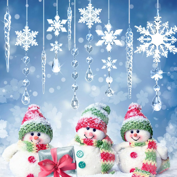20 Pack Crystal Christmas Ornaments for Tree Decorations, Magicsky Acrylic Snowflake & Icicle & Drop Pendants for Winter Wonderland Santa, Hanging Ornament for Xmas Year Party DIY Décor Supplies