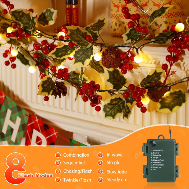 2 Pack Pre-Lit Christmas Garland with Lights, 5.7FT 20LED Battery Operated Lighted Garland Xmas Decor with PineCones Bell Berry Holly Leaves, Light Up Garland for Mantle Fireplace Stair Indoor Outdoor 2 Pack Pre-Lit Christmas Garland with Lights, 5.7FT 20LED Battery Operated Lighted Garland Xmas Decor with PineCones Bell Berry Holly Leaves, Light Up Garland for Mantle Fireplace Stair Indoor Outdoor