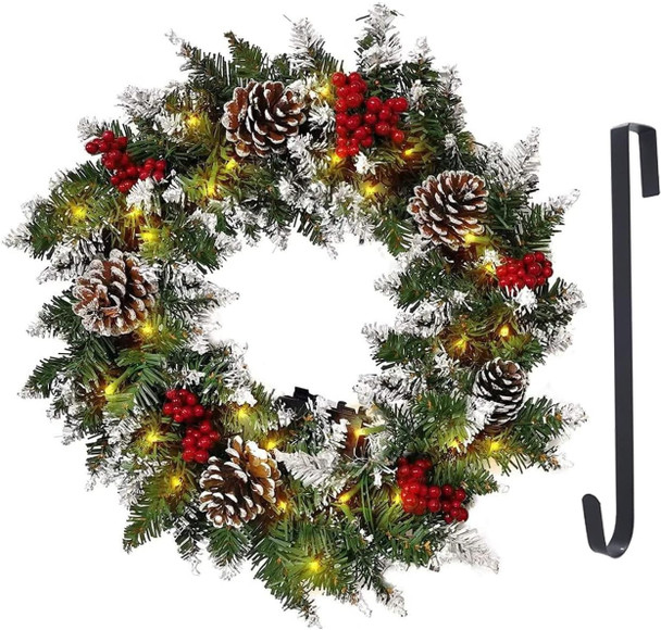 Christmas Wreath Outdoor,18 inch Christmas Wreath, Prelit Christmas Wreath with Lights, Small Artificial Xmas Wreath ,Winter Snowflake Christmas Wreath for Door Hanging Christmas Decoration