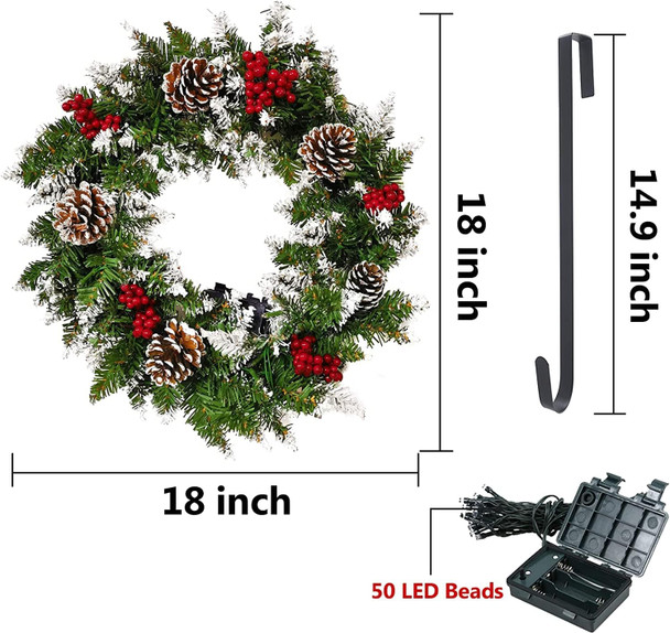 Christmas Wreath Outdoor,18 inch Christmas Wreath, Prelit Christmas Wreath with Lights, Small Artificial Xmas Wreath ,Winter Snowflake Christmas Wreath for Door Hanging Christmas Decoration