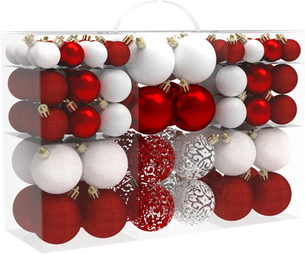 Christmas Ornaments Set, 100ct Red and White Christmas Balls Decoration Set, Shatterproof Hanging Plastic Christmas Ball Ornament for Xmas Tree Holiday Decor